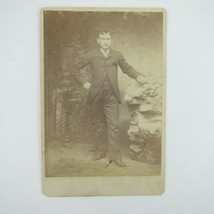 Cabinet Card Photograph Man in Suit Leans on Boulder Rock Late 1800s Antique 4x6 - £8.05 GBP