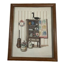 Cross Stitch Country Cabinet Wallpaper Framed Cottage Country Core Vinta... - $36.45