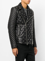 Men Handmade Fashion Full Black Quilted And Studded Leather Jacket Silver Studs - £146.14 GBP