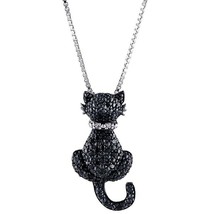 14k White Gold Plated Silver 0.40ct Simulated Black Onyx Cat Pendant Necklace - £36.72 GBP