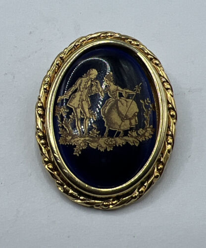 VINTAGE COBALT BLUE &amp; GOLD LIMOGES FRANCE PIN ROMANTIC COUPLE ENAMEL SIGNED - $19.79