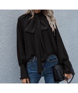 Aobny Casual Womens Tops Ruffle Black Solid Long Sleeve Bow Mock Neck Pu... - $9.00