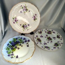 Lot (3) Vintage Hand Painted Violets Scalloped Floral Plates:  Imperial, Lefton - £19.14 GBP