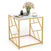 Square End Table with Tempered Glass Tabletop and Gold Finish Geometric Frame-Go - £49.94 GBP