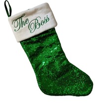 The Boss Christmas Stocking Green  white Sequins Gigi Seasons Felt Lined... - £13.10 GBP