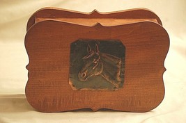 Old Vintage Wood Wooden Jewelry Trinket Box w Decorative Copper Horse Design - £19.45 GBP