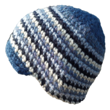 Alpaca Men&#39;s Crochet Beanie Hat with Brim Blue White Striped Wool Handmade S - £24.35 GBP