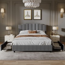 Queen Size Upholstered Platform Bed Linen Bed Frame with 2 Drawers - Grey - £235.16 GBP