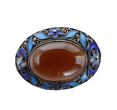 1930&#39;s Chinese Sterling Silver Enamel Agate brooch - £85.77 GBP