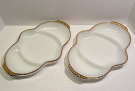 2 Vintage Fire King White Milk Glass Gold Trim Divided Dish 11&quot; USA Oven Ware - £14.87 GBP
