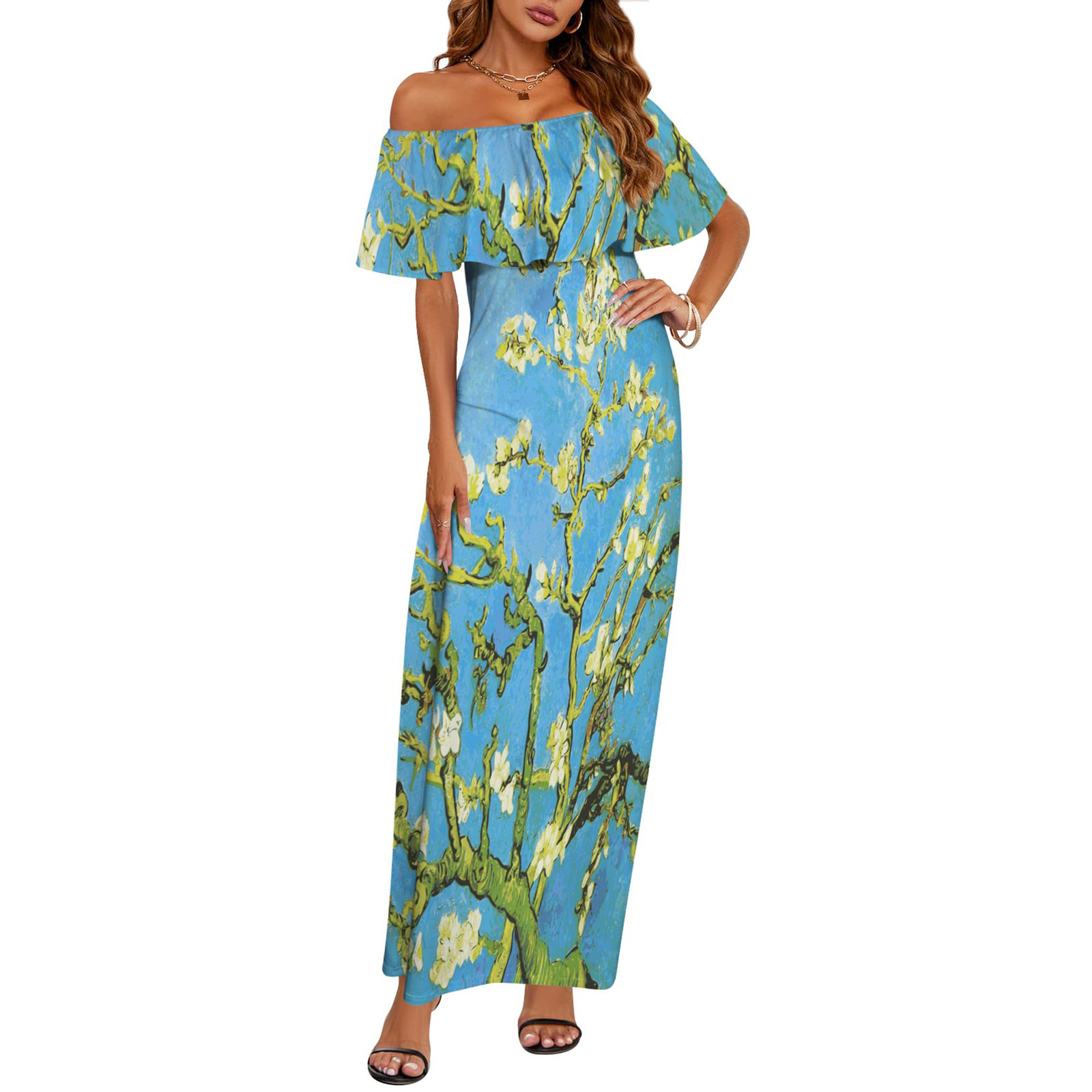 Woman Van Gogh Almond Blossom Off Shoulder Ruffle Boat Neck Dress (Size S to 6XL