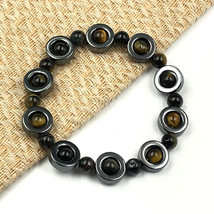 Natural Black Tiger Eye &amp; Hematite 6 mm Bead 7.5&quot; Stretch Bracelet RSB-48 - £8.75 GBP