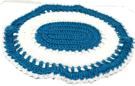 Vintage Handmade Crocheted Oval Table Centerpiece Placemat Blue White 18x14 in - £15.27 GBP