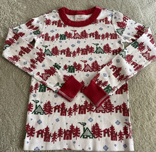 Hanna Andersson Boys White Red Cabin Trees Snowflakes Long Sleeve Pajama Shirt 8 - $12.25