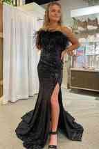 Black Strapless Feathers Long Prom Dress with Slit,Black Winter Formal Dresses - £142.39 GBP