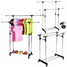 Heavy Duty Double Adjustable Portable Clothes Dry Hanger Rolling Rack Rail - £35.11 GBP