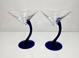 Vintage Libbey Bravura Swerve Cobalt Blue Curved Stem Martini Cocktail Glass x2 - £11.70 GBP
