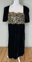 Vintage datiani women’s velvet Sequined MIDI dress Size 12 Black Gold N1x2 - £21.29 GBP