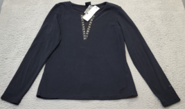 Tribal Blouse Top Womens Medium Black Cotton Long Sleeve Beaded V Neck Pullover - $23.12