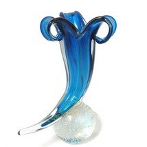 VTG Cornucopia Art Glass Vase Blue Controlled Bubble Lily Norleans Japan  8.5” - £50.66 GBP
