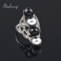 SINLEERY Unique Women Black Acrylic Ball With Gray Simulated Pearl Long Rings Si - £8.66 GBP