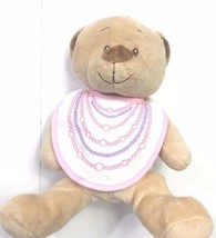 HugFun Baby Girl TanTeddy Bear Plush Rattle Soft Bib Stuffed 10” Lovey - £8.14 GBP