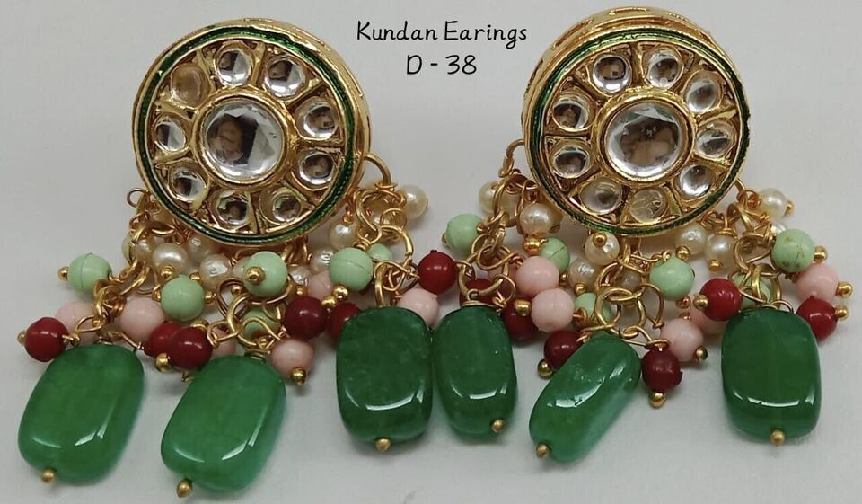 Primary image for Indian Kundan Earrings Tops Bridal Beads Meena Gift Punjabi Muslim Jewelry Set5