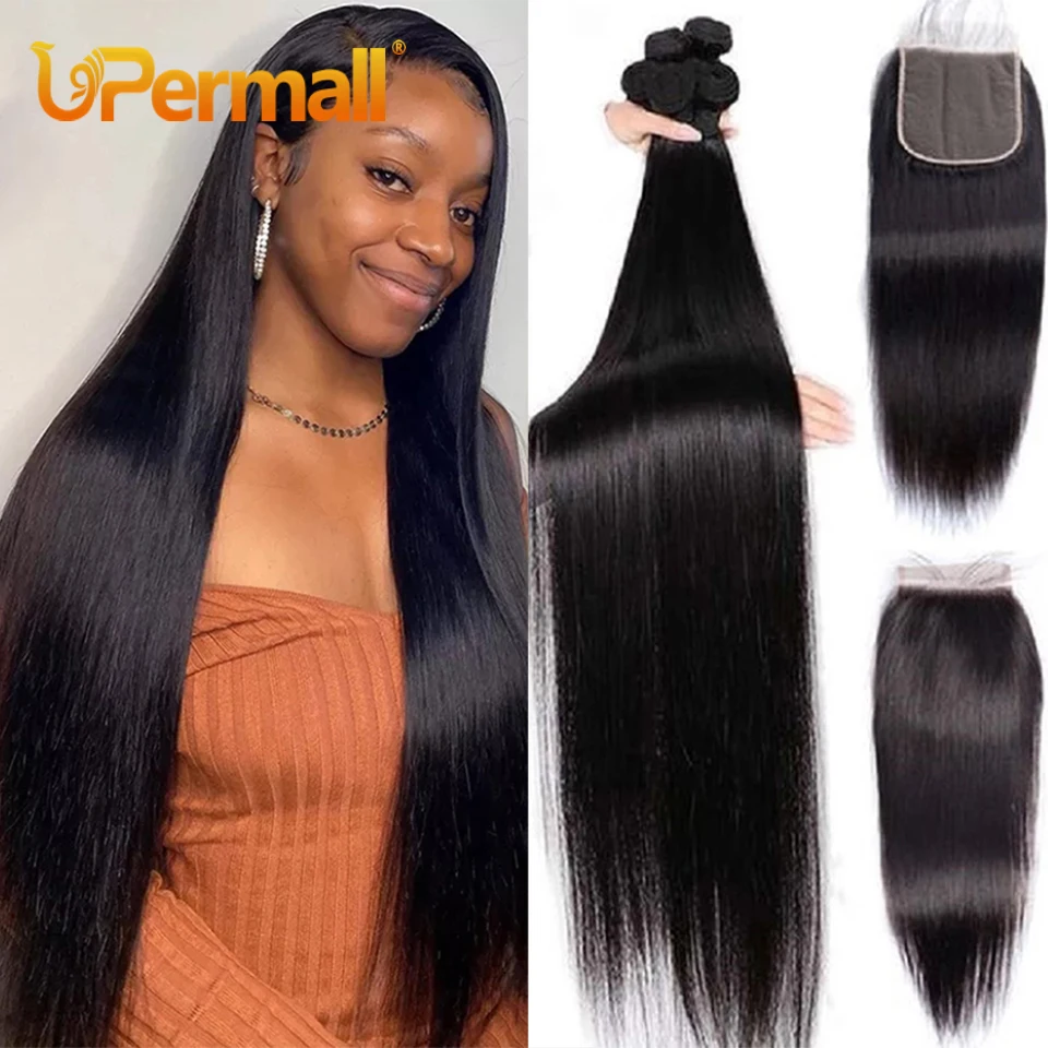 Upermall 3/4 Remy Straight Human Hair Bundles With Closure Brazilian 9A HD - £42.43 GBP+