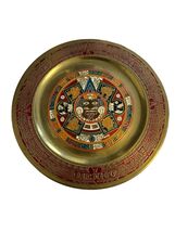 Vintage Aztec Calendar Brass Wall Plate Enamel Mexico Sun Stone 6.5” - $16.20
