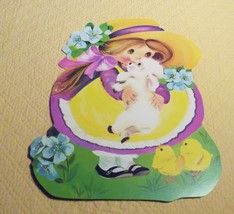 Vintage Easter Die Cut Cardboard Decoration Eureka Girl Holding Lamb Chicks - £5.58 GBP