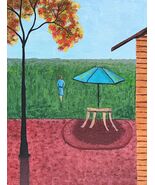 Painting  Backyard Patio Tree Woman Alone Table Autumn Fall Original Sig... - $39.06