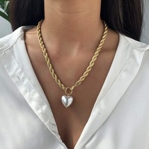 Single Pearl Heart Pendant Necklace Gold Plated Cable Chain Necklace Dainty Love - £18.79 GBP