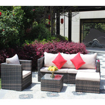 Rattan Patio Furniture Set Wicker Sofa Cushioned Sectional - Brown - £448.14 GBP