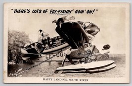 Happy Landing South River RPPC Fly Fishin Humor Boat on Seaplane Postcard I25 - £14.11 GBP