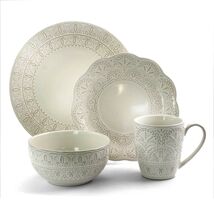 Elama White Lace 16 Piece Luxurious Stoneware Dinnerware with Complete S... - $92.02