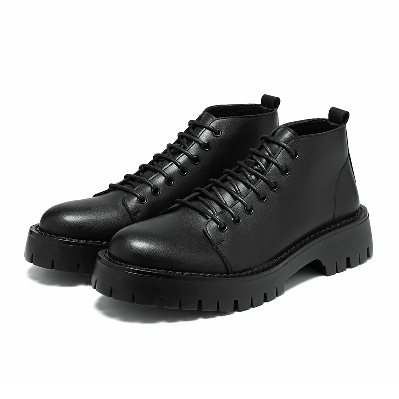 Brand Platform Black High Top Boots WMen High Heel Genuine Leather Ankle... - £75.56 GBP