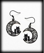 Black Moon Earrings ~ Cat Crescent Moon ~ Black Filigree ~ Alloy Dangle ... - $28.05 CAD