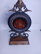 Mantel Table Clock Ornate Copper Black Metal Wood 19x10.5x4.75 Finial Top - $29.45