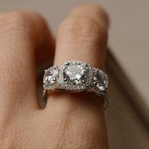 5 Ct 3- Stone Real Moissanite Halo Beautiful Engagement Ring 925 Sterling Silver - £101.22 GBP