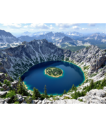 Stunning Alpine Crater Lake with Island and Majestic Mountains Poster Print - €23,15 EUR