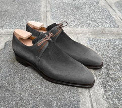 Grey Tone Suede Leather Formal Handmade Men&#39;s Lace up Leather Shoes - $159.00