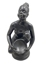 African Women Statue Tribal Girl Black Washing Bowl Terracota Decor 14&quot; - £63.71 GBP