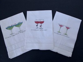Set/3 Fine Linen Cocktail Motif Guest or Tea Towels Hemstitch Embroidery Sayings - £14.17 GBP