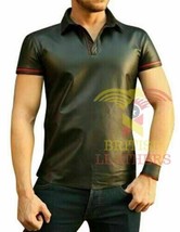 Men&#39;s Real Lamb Leather Polo Short Sleeve Shirt Choice Of Pipping Red Bl... - £70.81 GBP