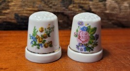 Vintage Pair Gold Ringed Pink &amp; Yellow Flowers Floral Porcelain Sewing T... - £7.90 GBP