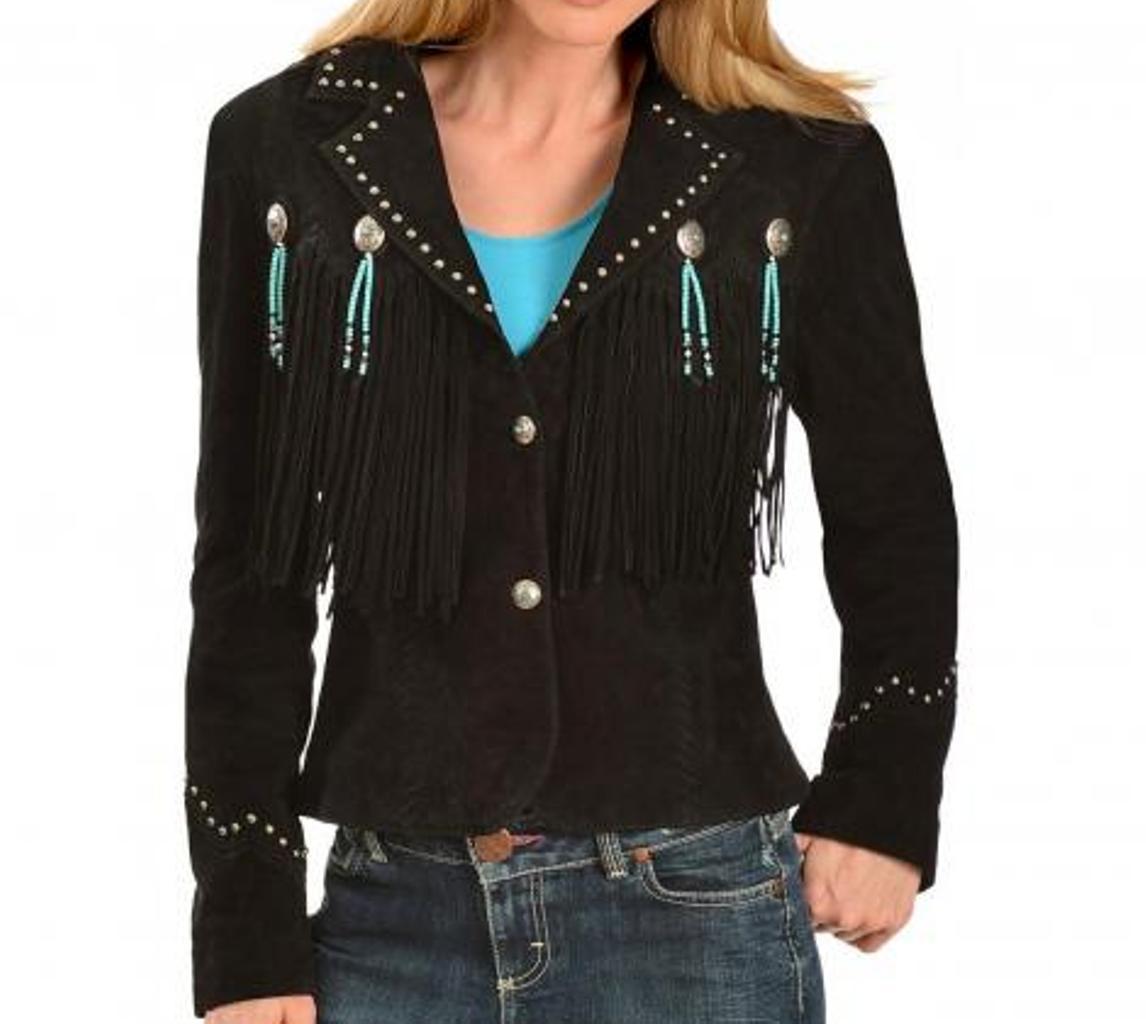 Women black Suede Leather Western Cowboy Jacket With Fringe, fringe jackets 2019
