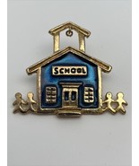 Sweet Gold Toned Schoolhouse W/Children Brooch Pin Necklace Charm Blue F... - £13.97 GBP