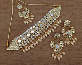 Beautiful Kundan Pearl Earrings Necklace Choker Women Girl Ethnic Jewelry Set 3 - £21.82 GBP
