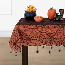 Crawling Spider Halloween Lace Lined Tablecloth 60&quot; x 84&quot; Oblong Orange and Blac - £23.66 GBP