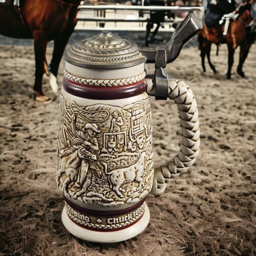 Primary image for Beer Stein Avon Cowboy Roping Chuckwagon Cattle Drive Stage Coach Exclusive 1980